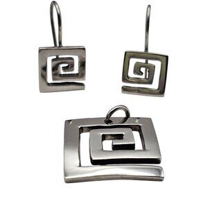 Taxco Sterling Silver Greek Key Meandering Maze Earrings & Pendant Set